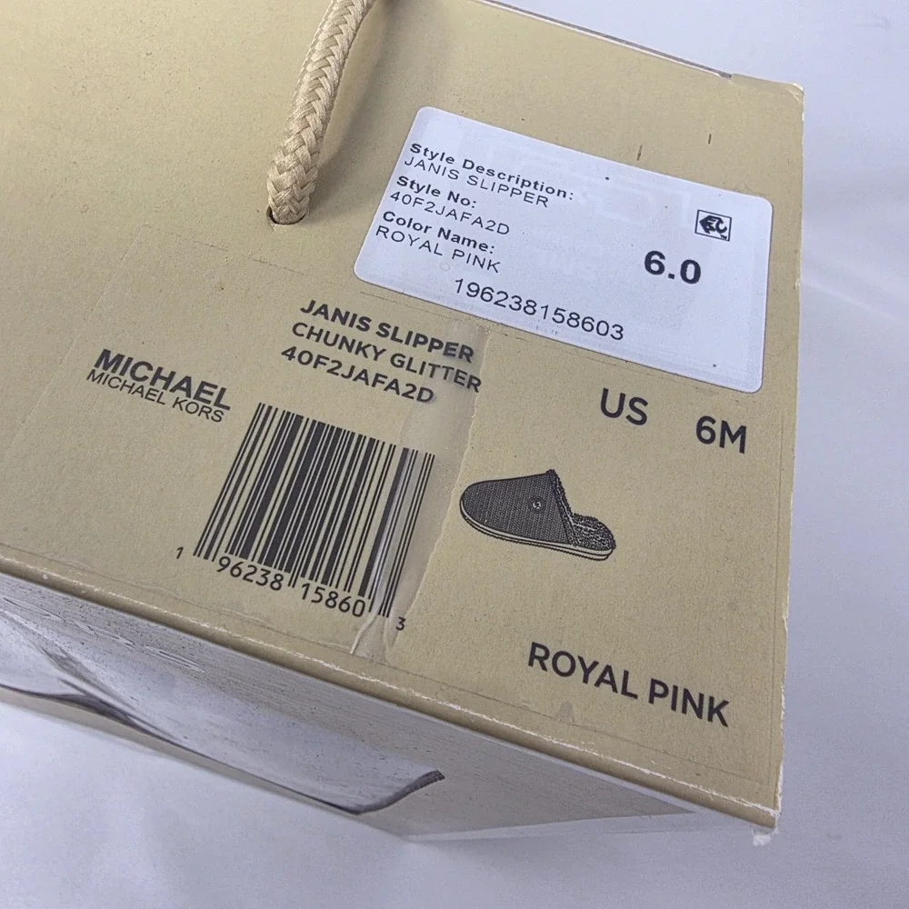 Michael Kors Janis Slipper Women 6 Royal Pink New Glitter Faux Fur 40F2JAFA2D